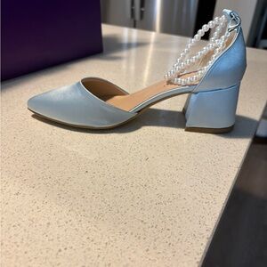 Elegant Light Blue Pearl-Strap Block Heel Pumps